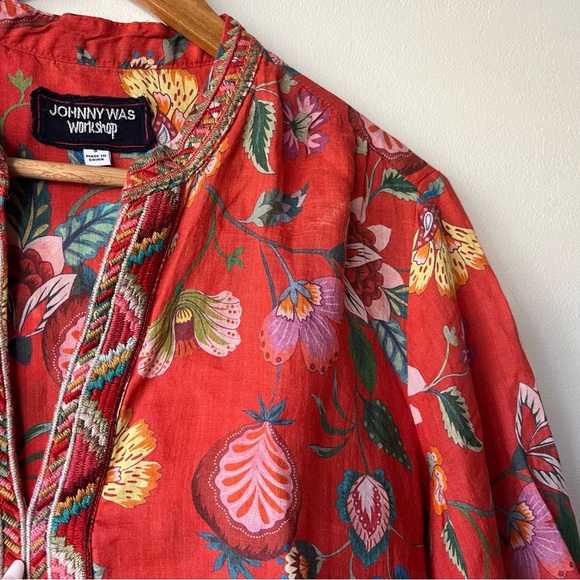 Johnny Was Coral Workshop Unlined Ramie Embroidered Tunic Long Sleeve Blouse